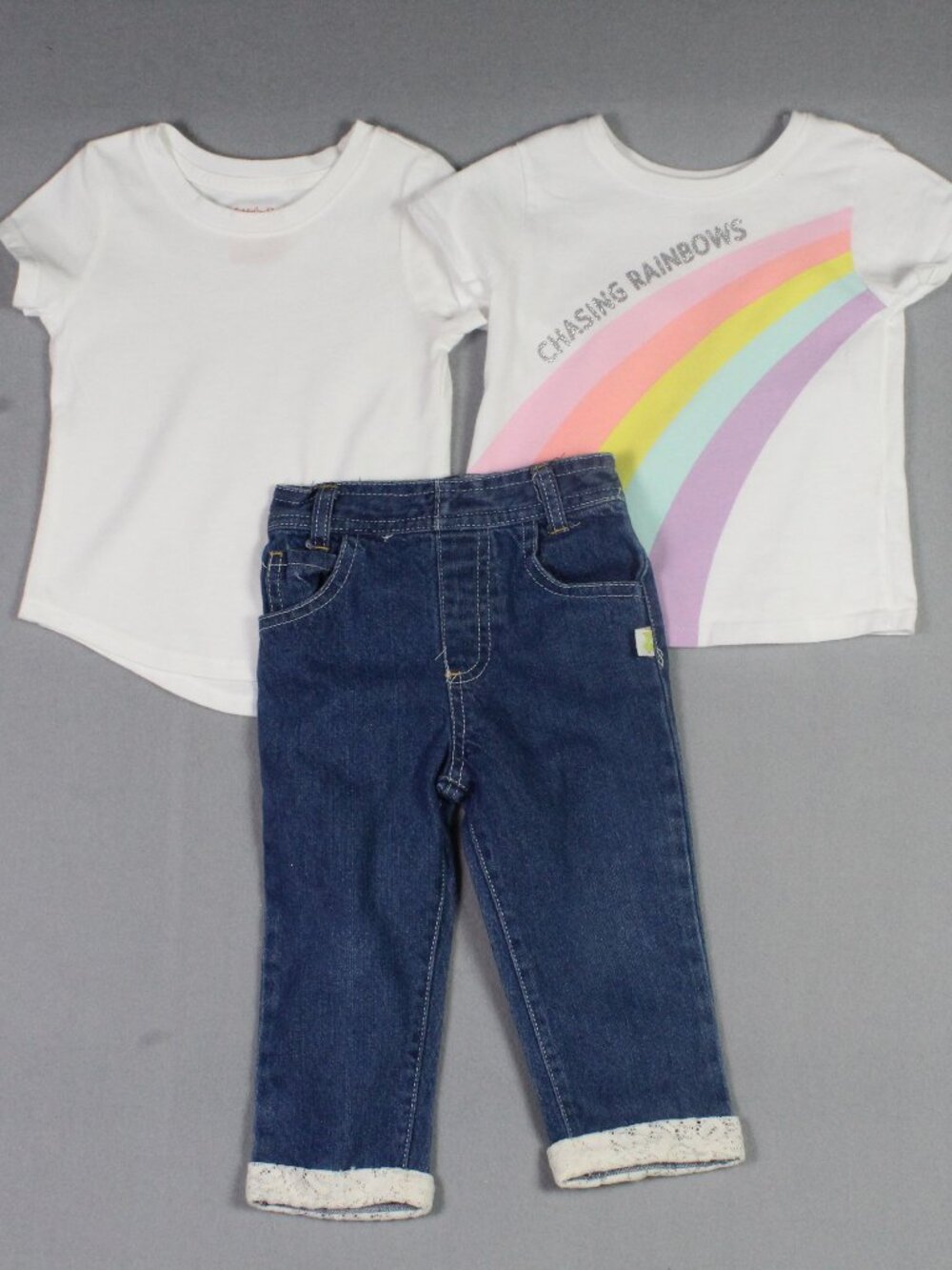 18M Baby Girl Lot 3pc Cat Jack Garanimals Rainbow Tee & Lace Hem Jeans